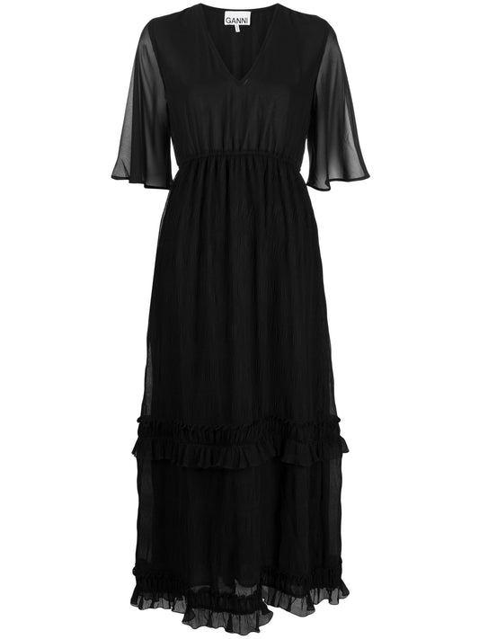 Pleated Georgette V Neck Maxi Dress