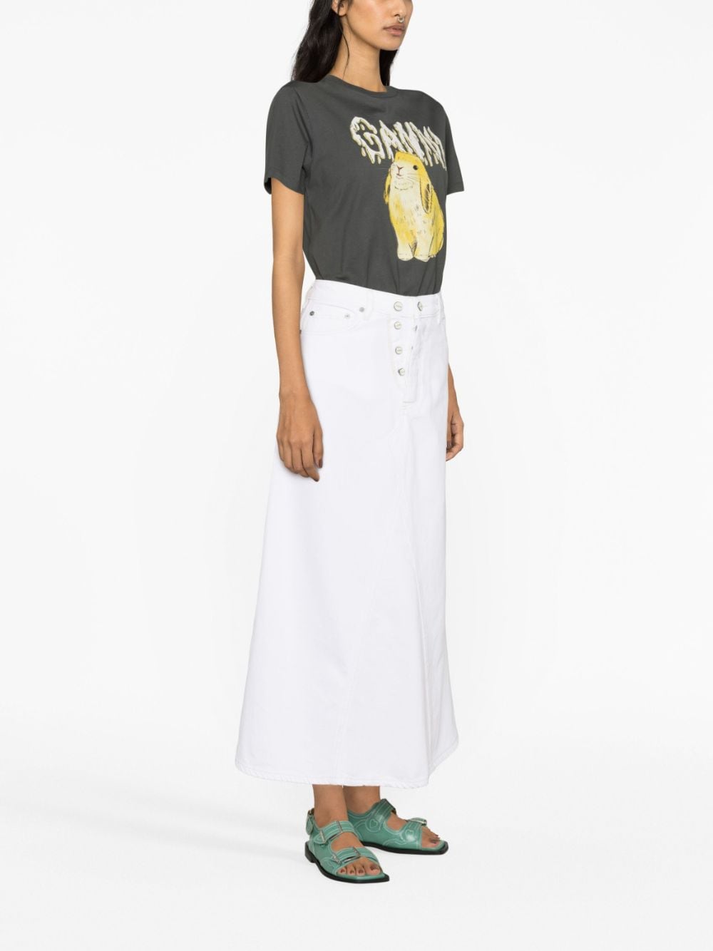 White Denim Double Fly Maxi Skirt