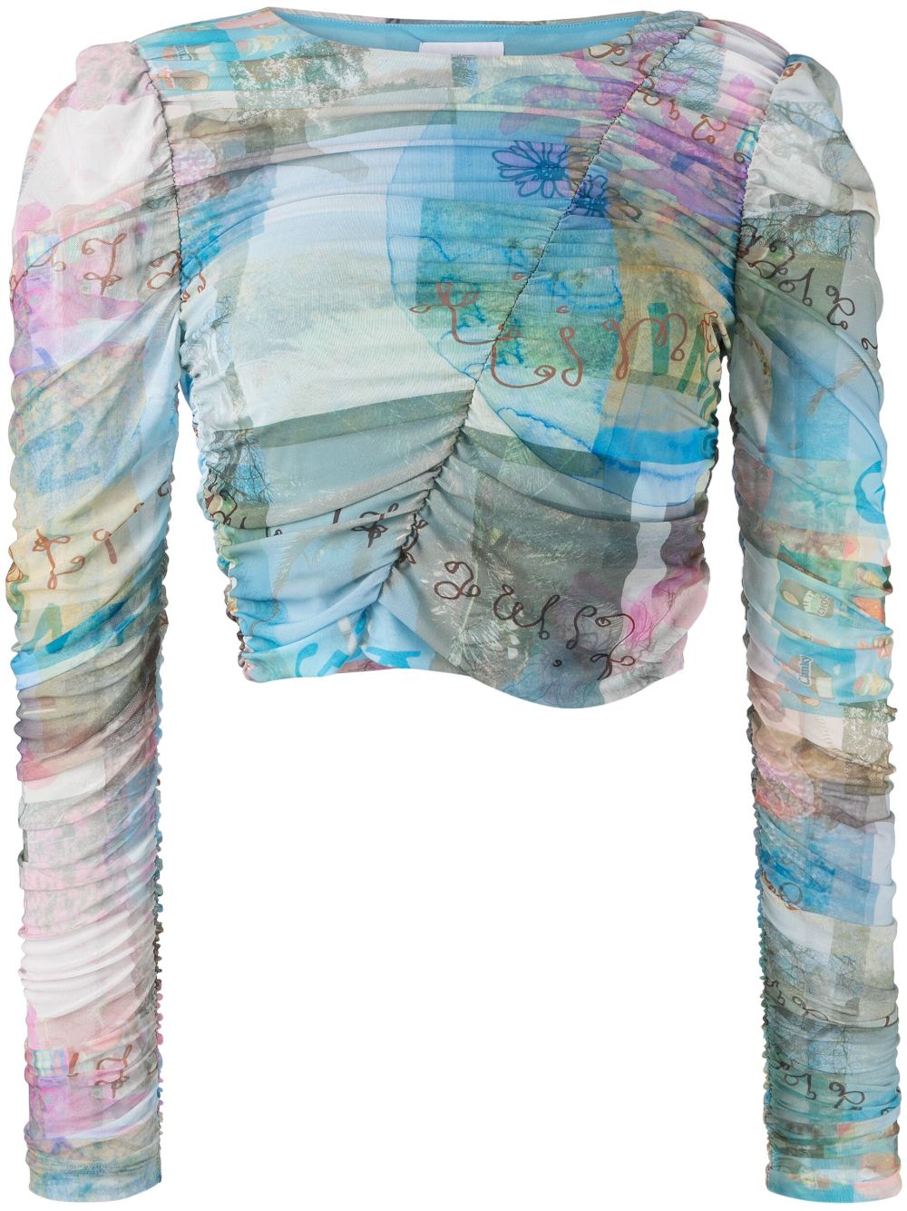 Printed Mesh Runched Blouse