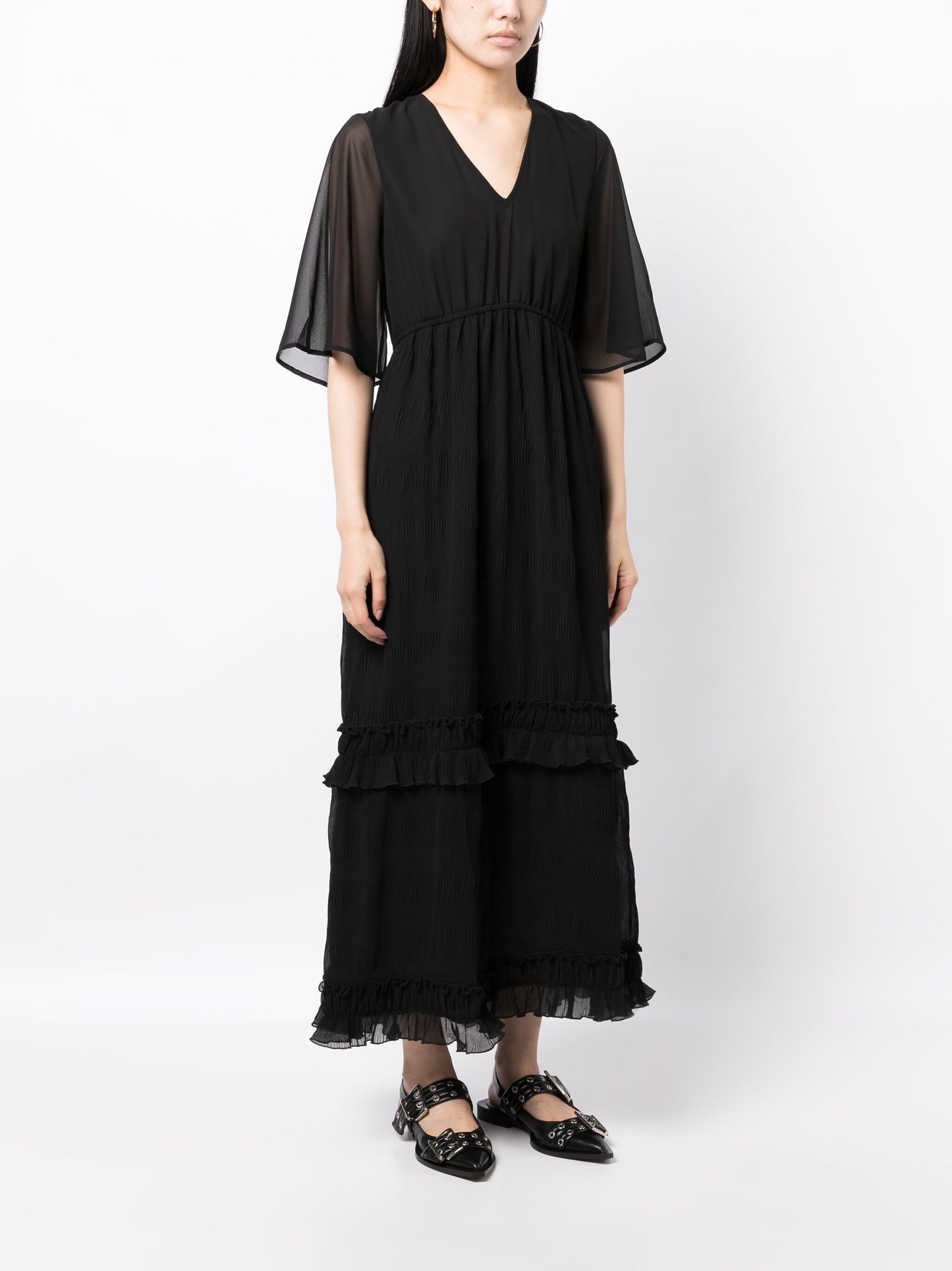 Pleated Georgette V Neck Maxi Dress